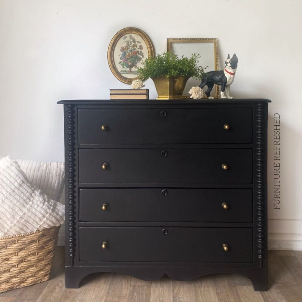 front view of black pine dresser.