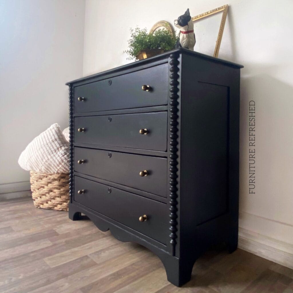 side angle of black pine painted dresser.