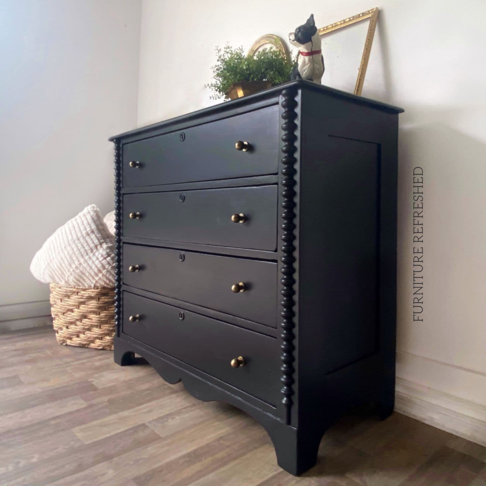 side angle of black pine painted dresser.