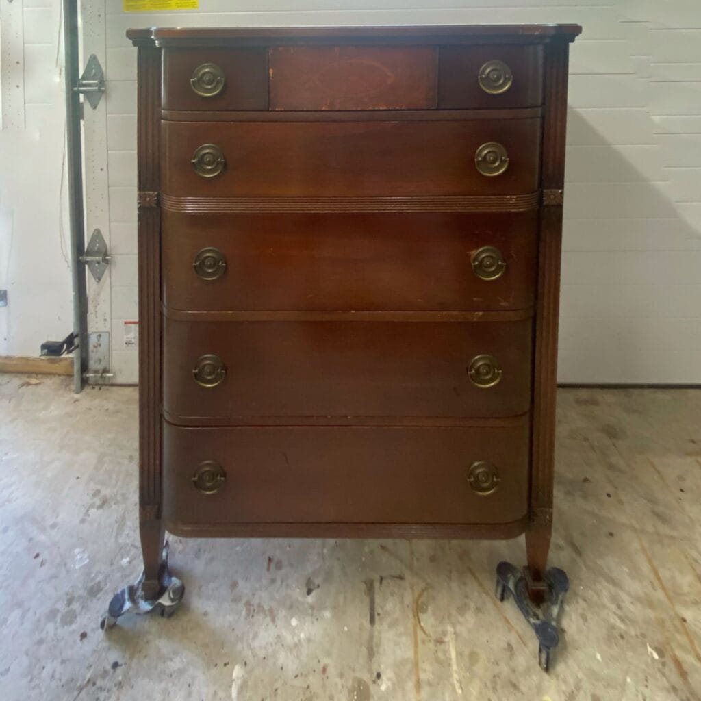 before photo of tallboy dresser with Hepplewhite style hardware