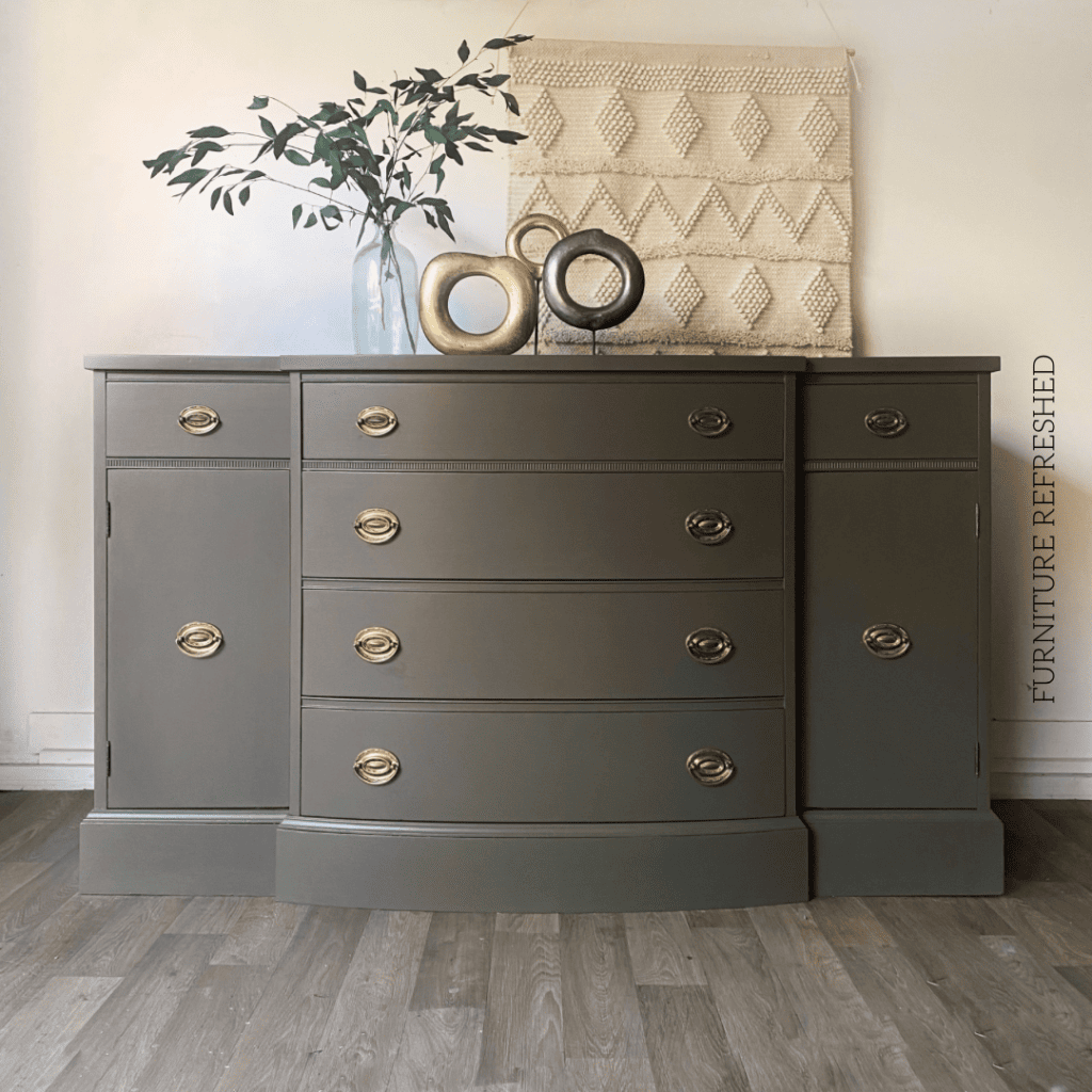 After photo of vintage hepplewhite sideboard painted in a brown/bronze color