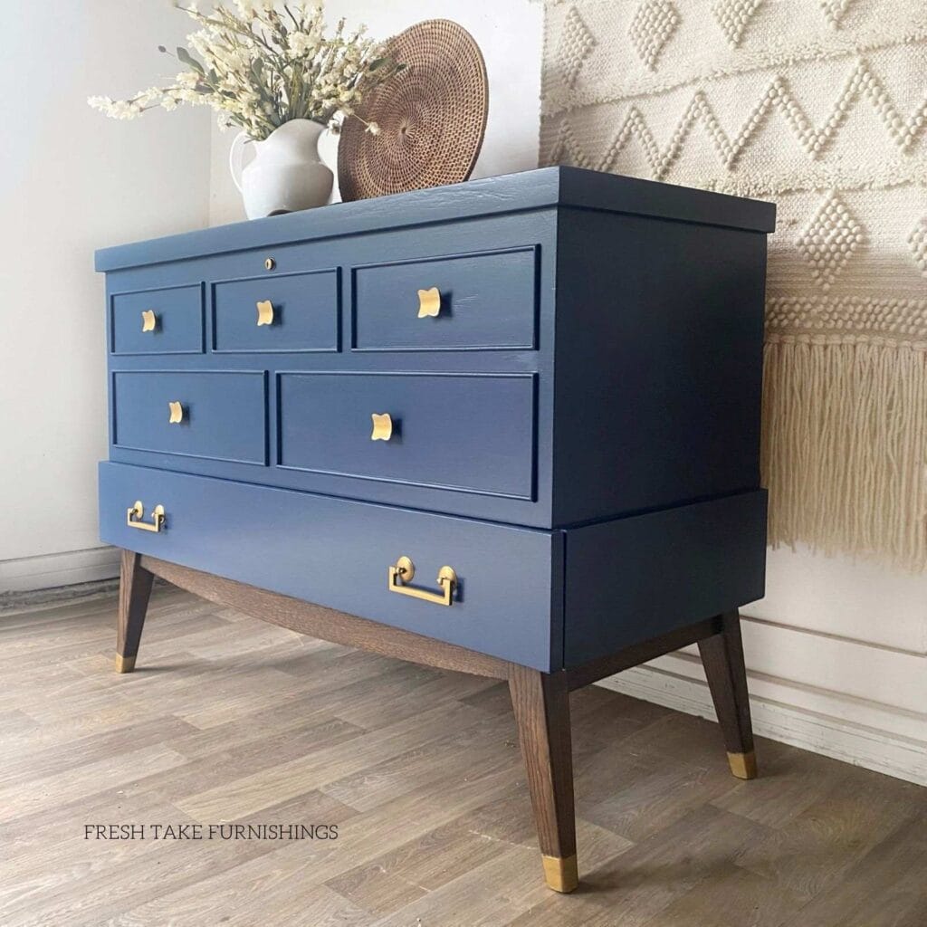 After side view of painted cedar chest