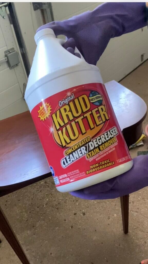 Bottle of KrudKutter used to clean furniture before painting.
