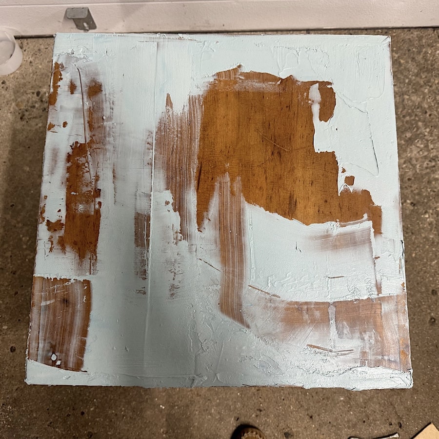 Bondo on the top of a table before sanding.