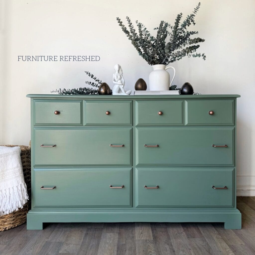 Photo of six drawer painted green dresser with a modern base and antique copper hardware.