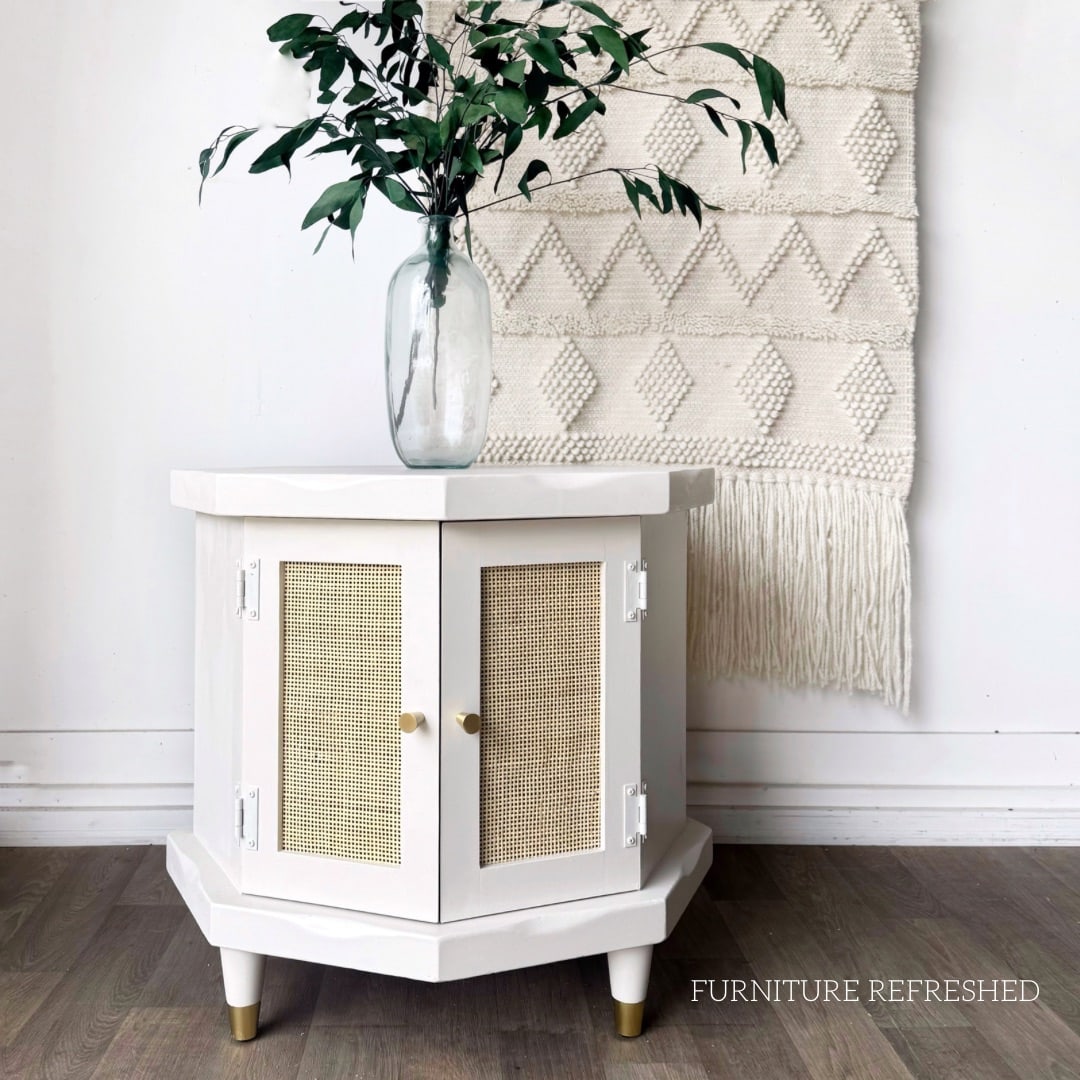 After photo of side table with cane webbing