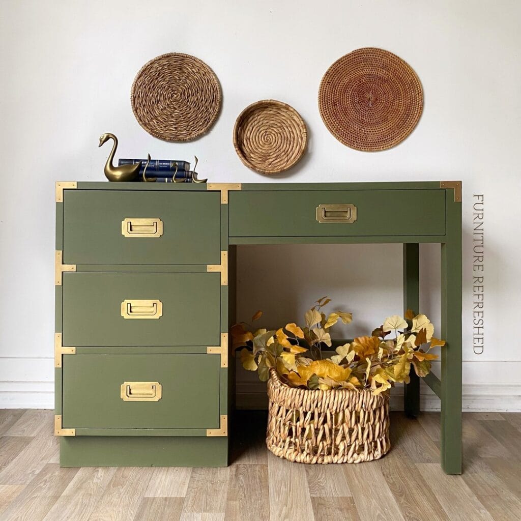 After photo of a desk found on facebook Marketplace. Painted in a green with gold hardware.