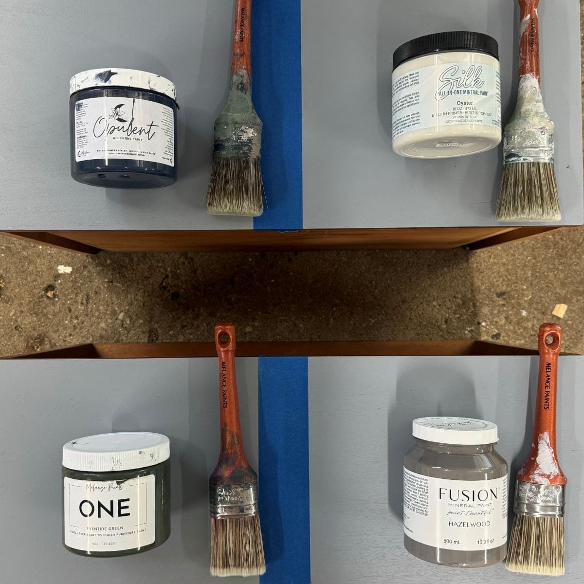 Photo of 4 all-in-one furniture paints, Lilly Moon Paint Opulent, Dixie Bell Silk, Melange ONE, and Fusion Mineral Paint