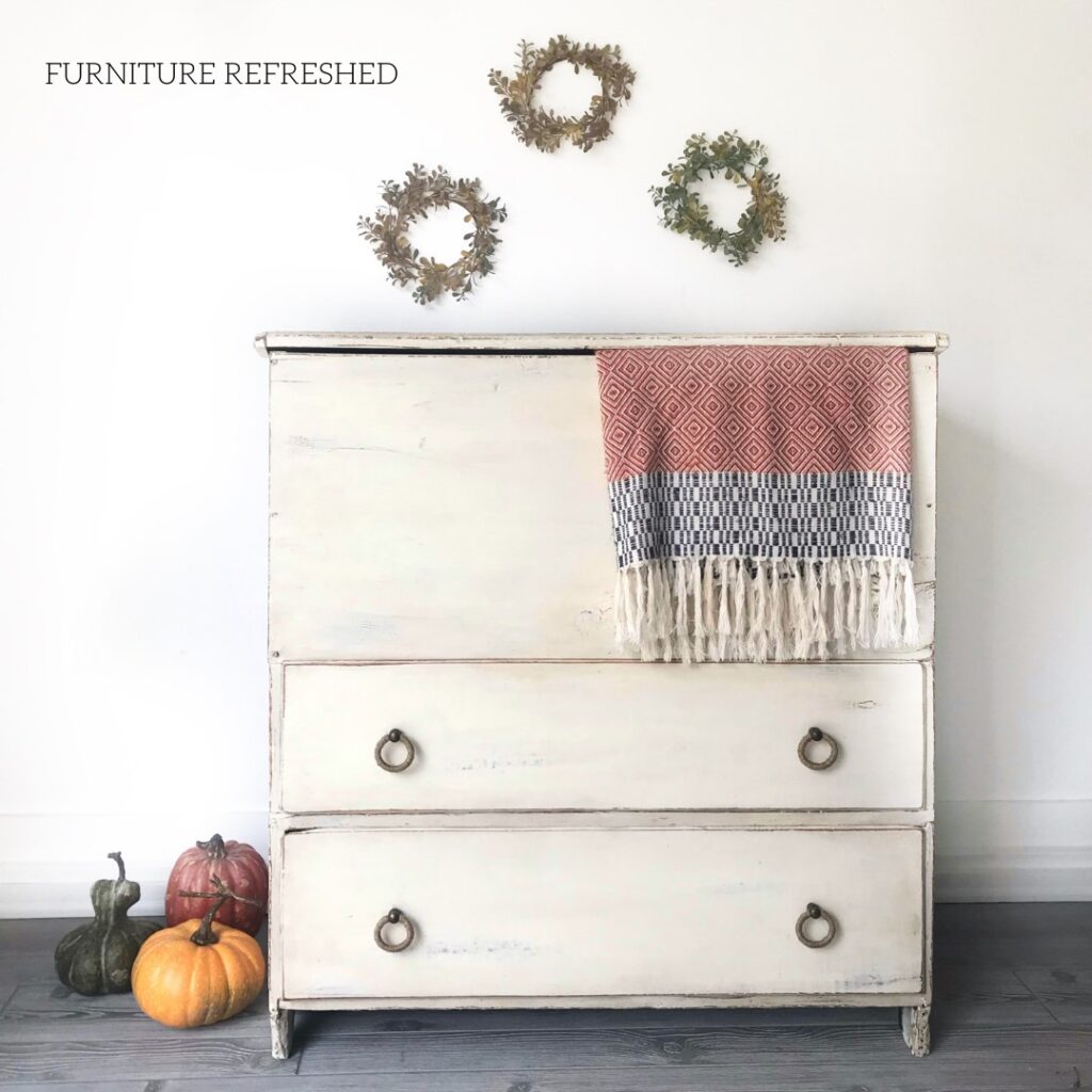 Antique blanket chest with white chippy paint finish