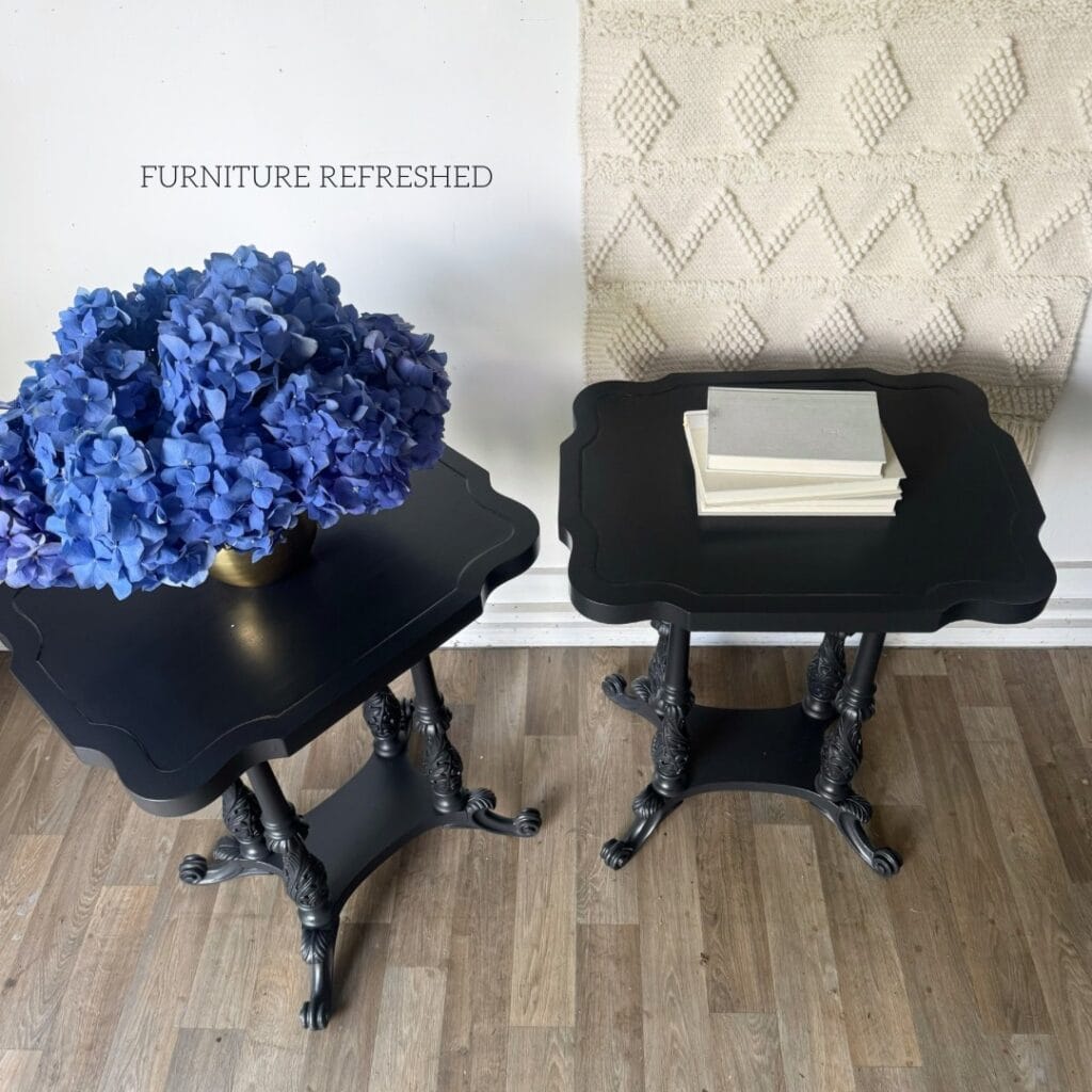 After photo of leather topped tables painted black.