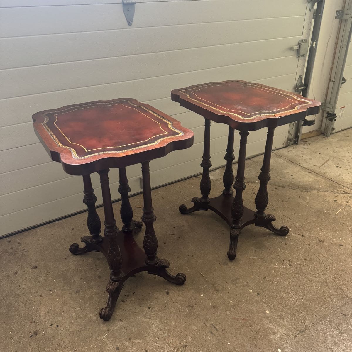 Before photo of leather topped tables.