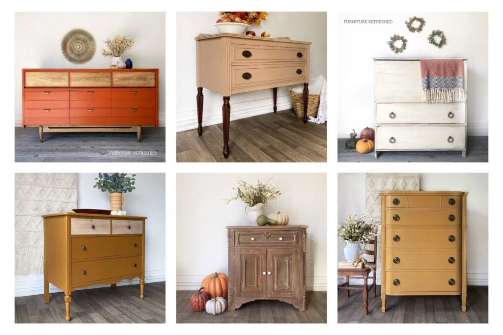 Photo collage of 6 furniture makeovers, painted in fall colors. Orange, tan, white, browns and yellow.
