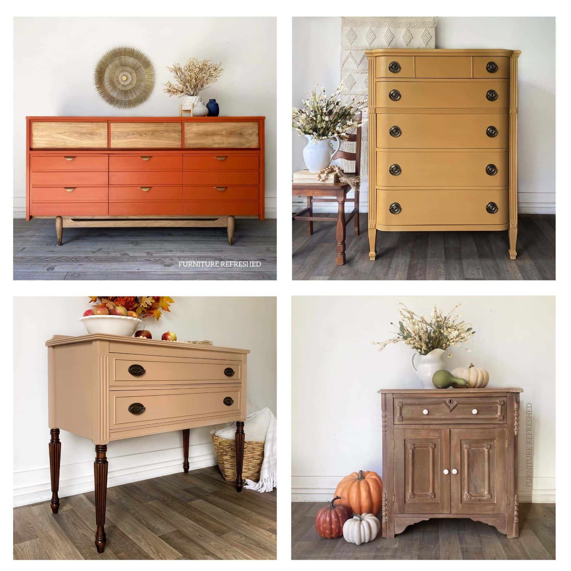 Photo collage of 4 pieces of furniture in fall colors, orange, yellow, tan, brown.