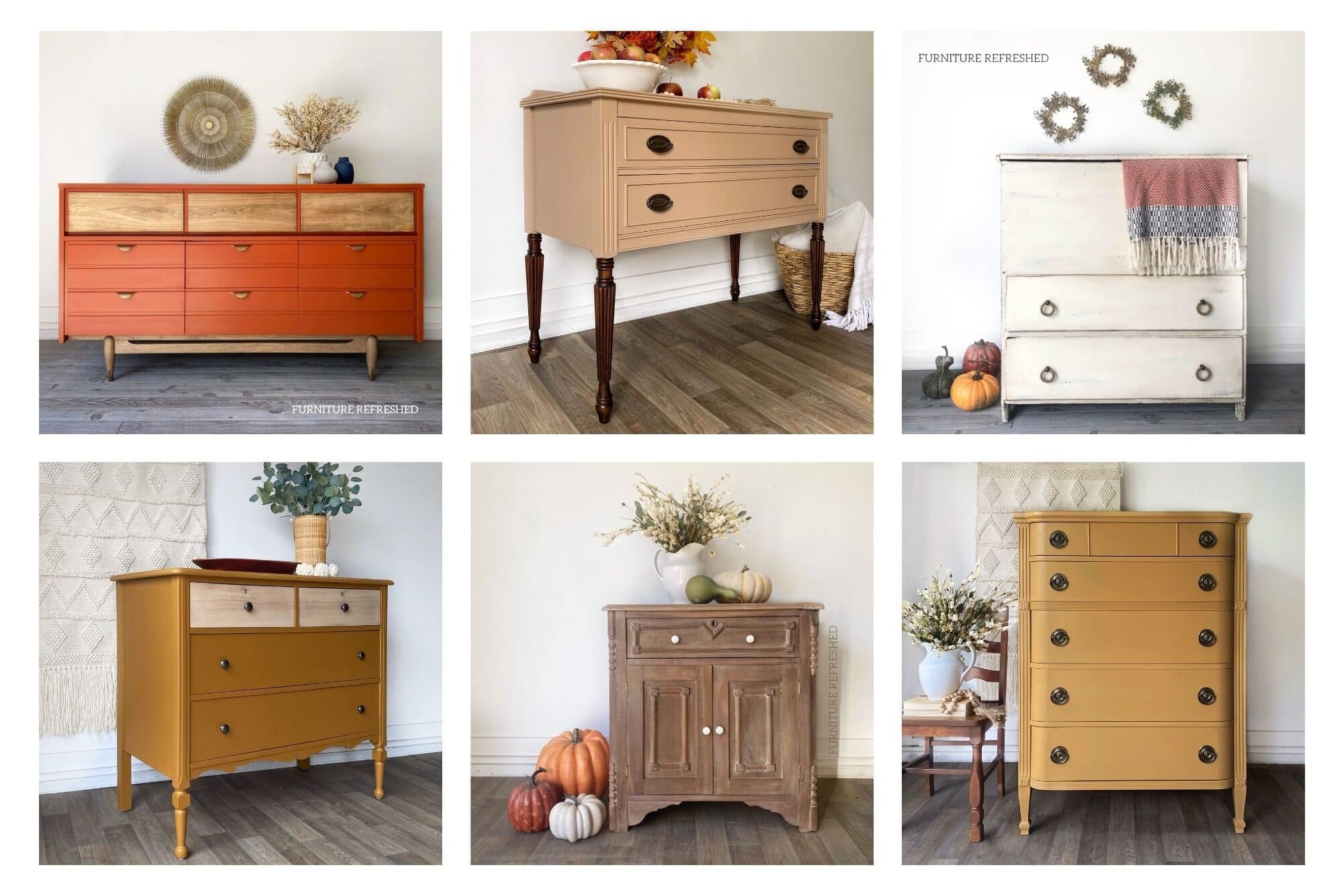 Photo collage of 6 furniture makeovers, painted in fall colors. Orange, tan, white, browns and yellow.