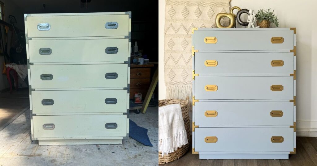 Before and after of a campaign style tallboy dresser. The dresser was white laminate and painted blue.
