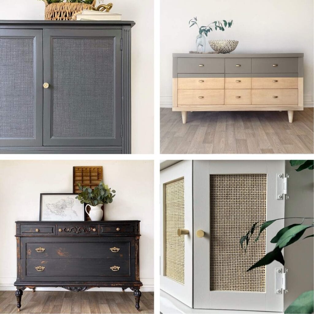 Collage of 4 different photos, all showing furniture painting ideas to add character. 1 - paintable wallpaper, 2 - dipped paint look, 3 - chippy milk paint, 4 - adding cane webbing.