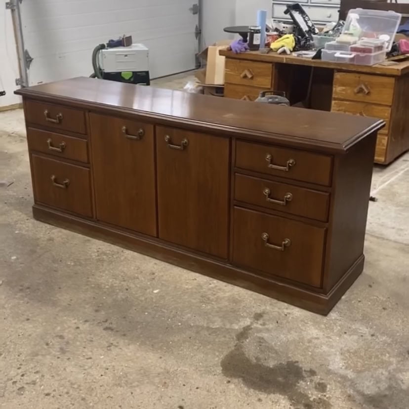 Before photo of wood credenza to be used in this faux linen painting technique.