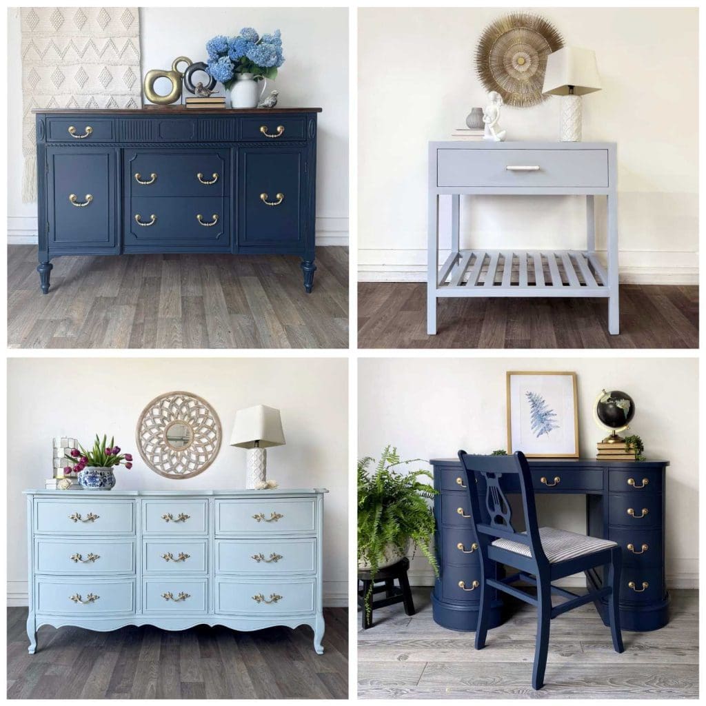Photo collage of 4 pieces of furniture in various light and dark blue paint colors.