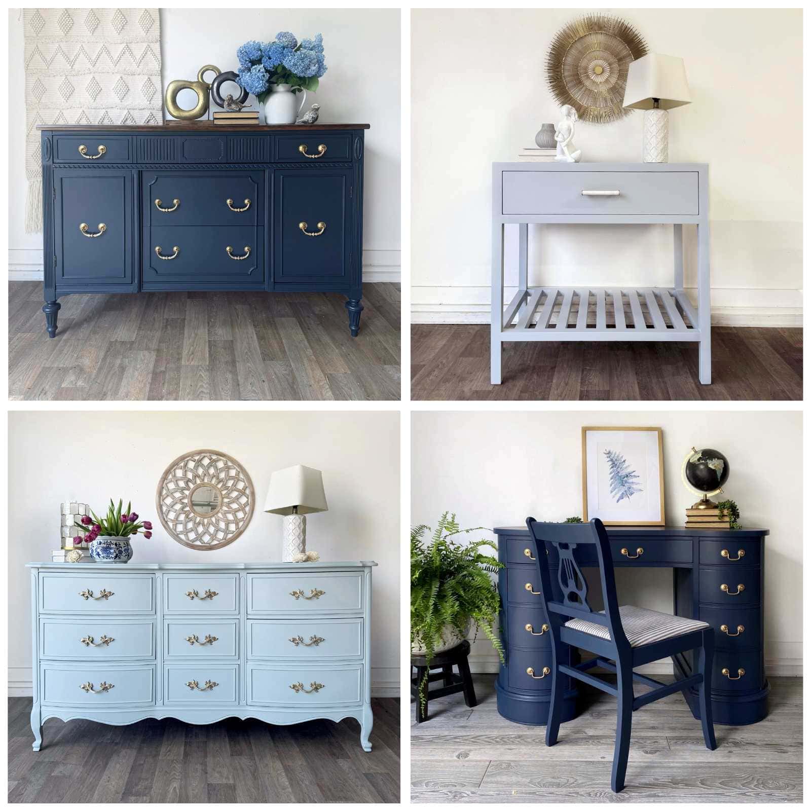 Photo collage of 4 pieces of furniture in various light and dark blue paint colors.