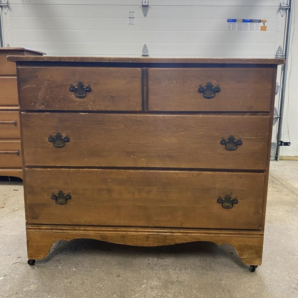 Before photo of maple dresser used in paint dipped makeover