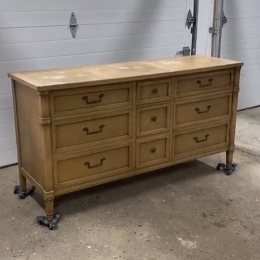 Before photo of lowboy dresser with a light wood finish