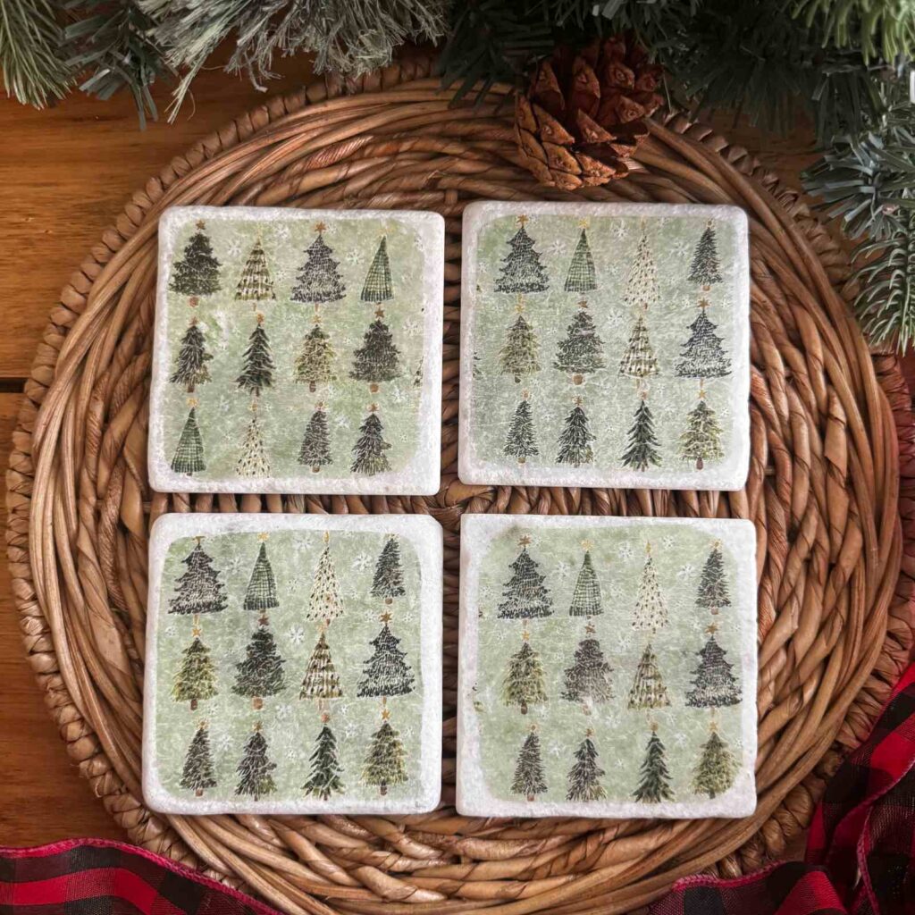 Marble coasters with a christmas/holiday tree pattern.