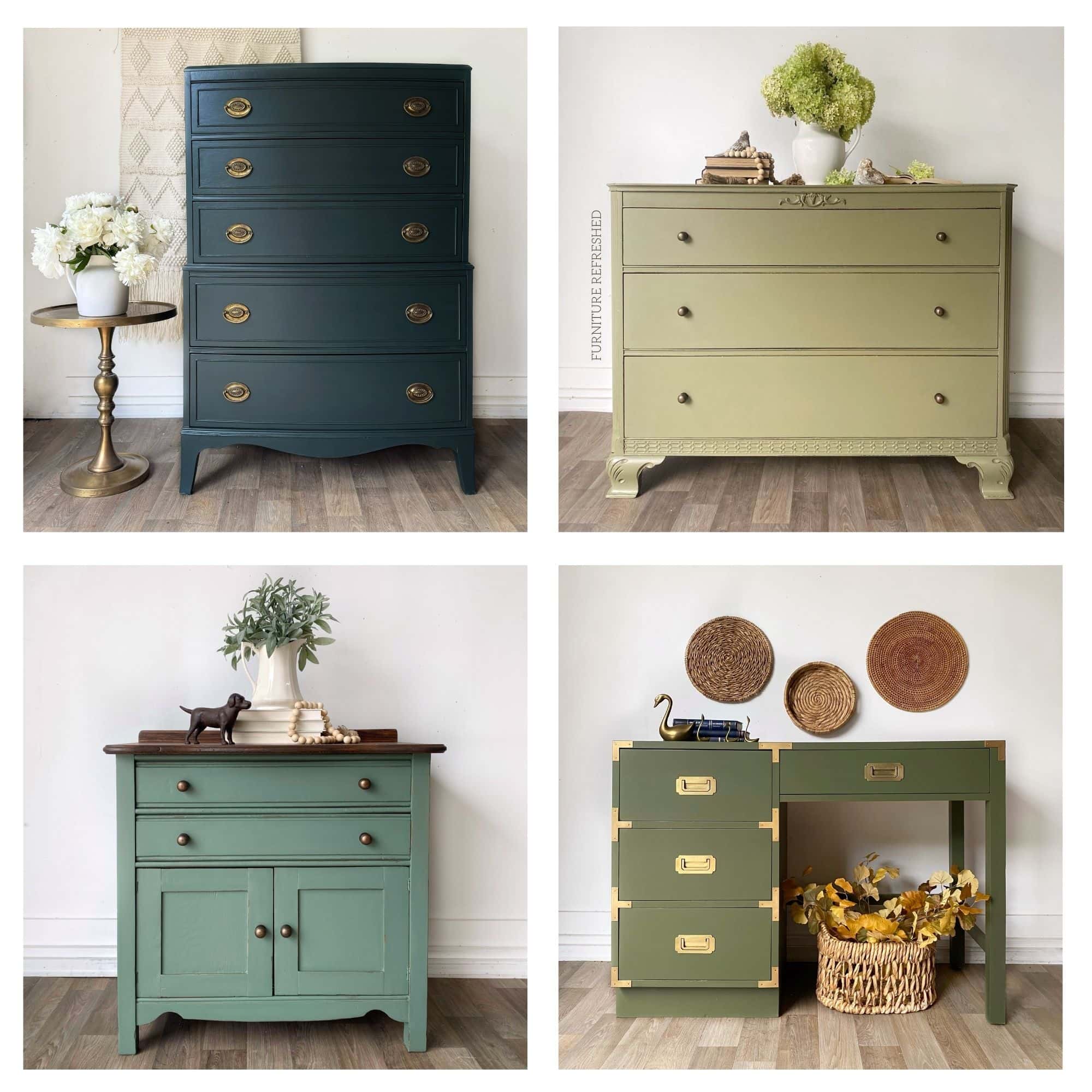Photo collage of 4 pieces of furniture in various light and dark green paint colors.