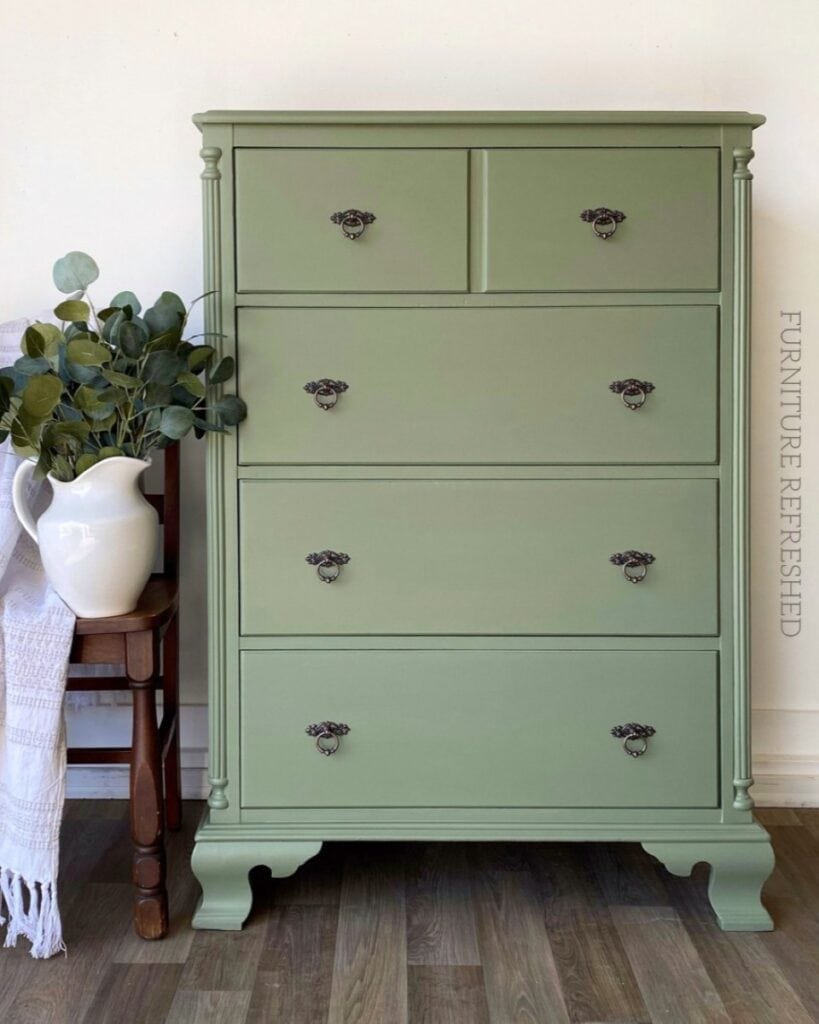 After photo of vintage tallboy dresser painted sage green with hardware