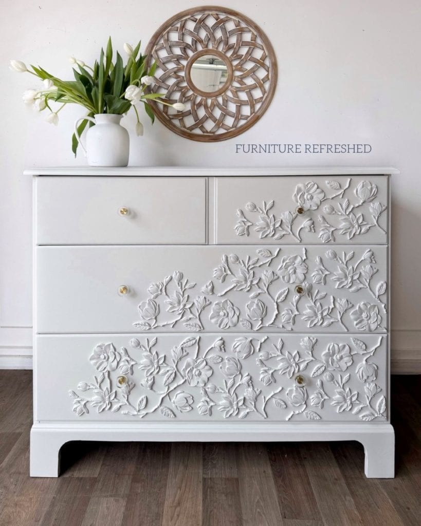 After photo of 3 drawer maple dresser used in this DIY furniture applique makeover.