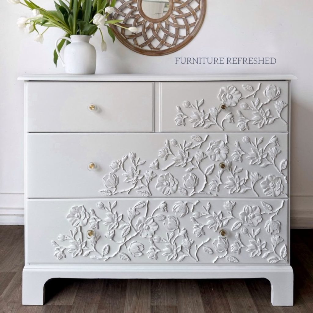 After photo of 3 drawer maple dresser used in this DIY furniture applique makeover.