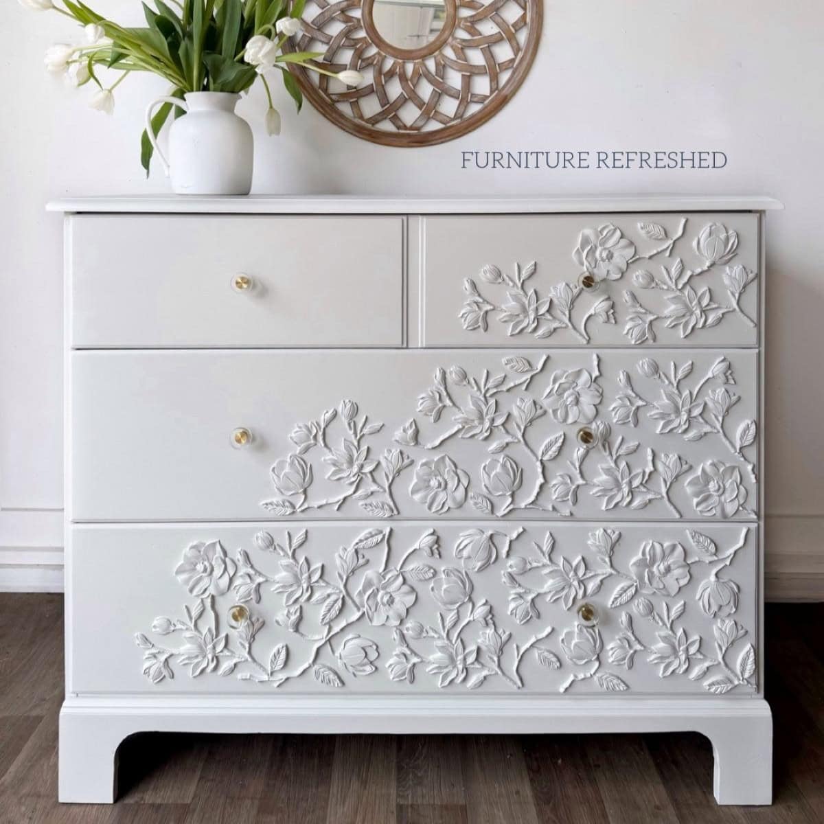 After photo of 3 drawer maple dresser used in this DIY furniture applique makeover.