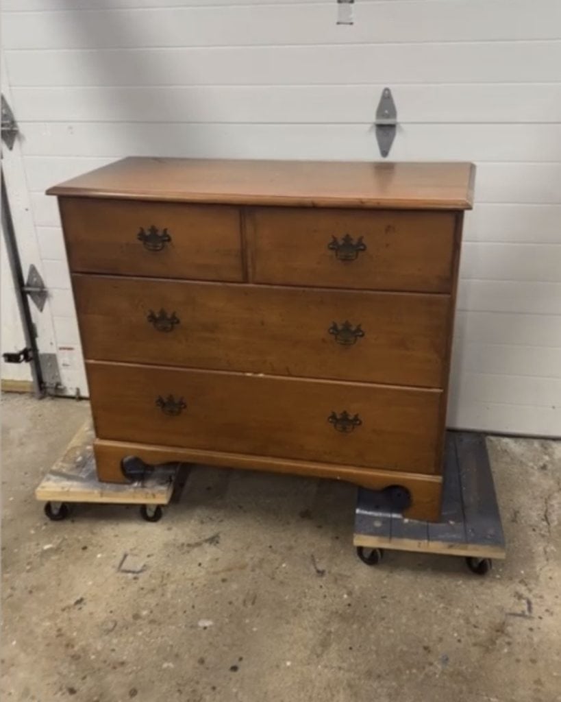 before photo of 3 drawer maple dresser used in this DIY furniture applique makeover.