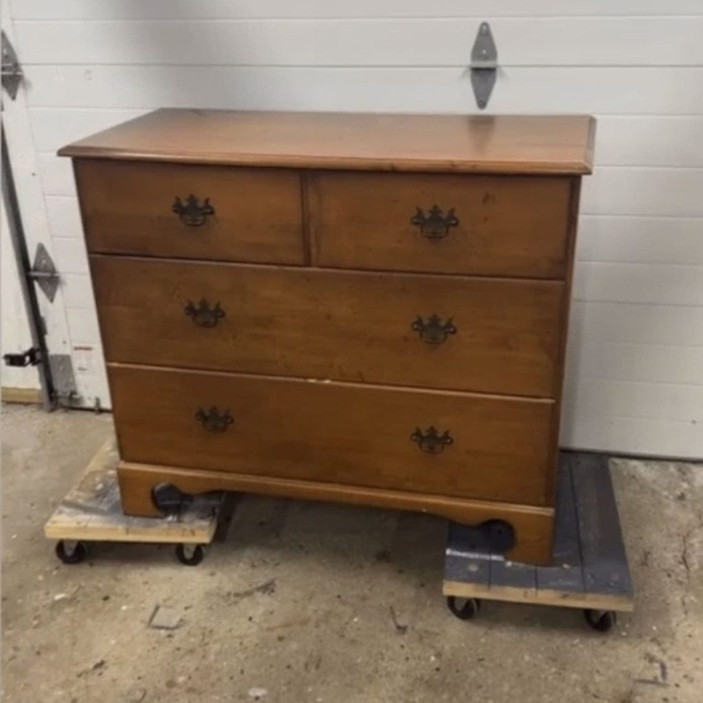 before photo of 3 drawer maple dresser used in this DIY furniture applique makeover.