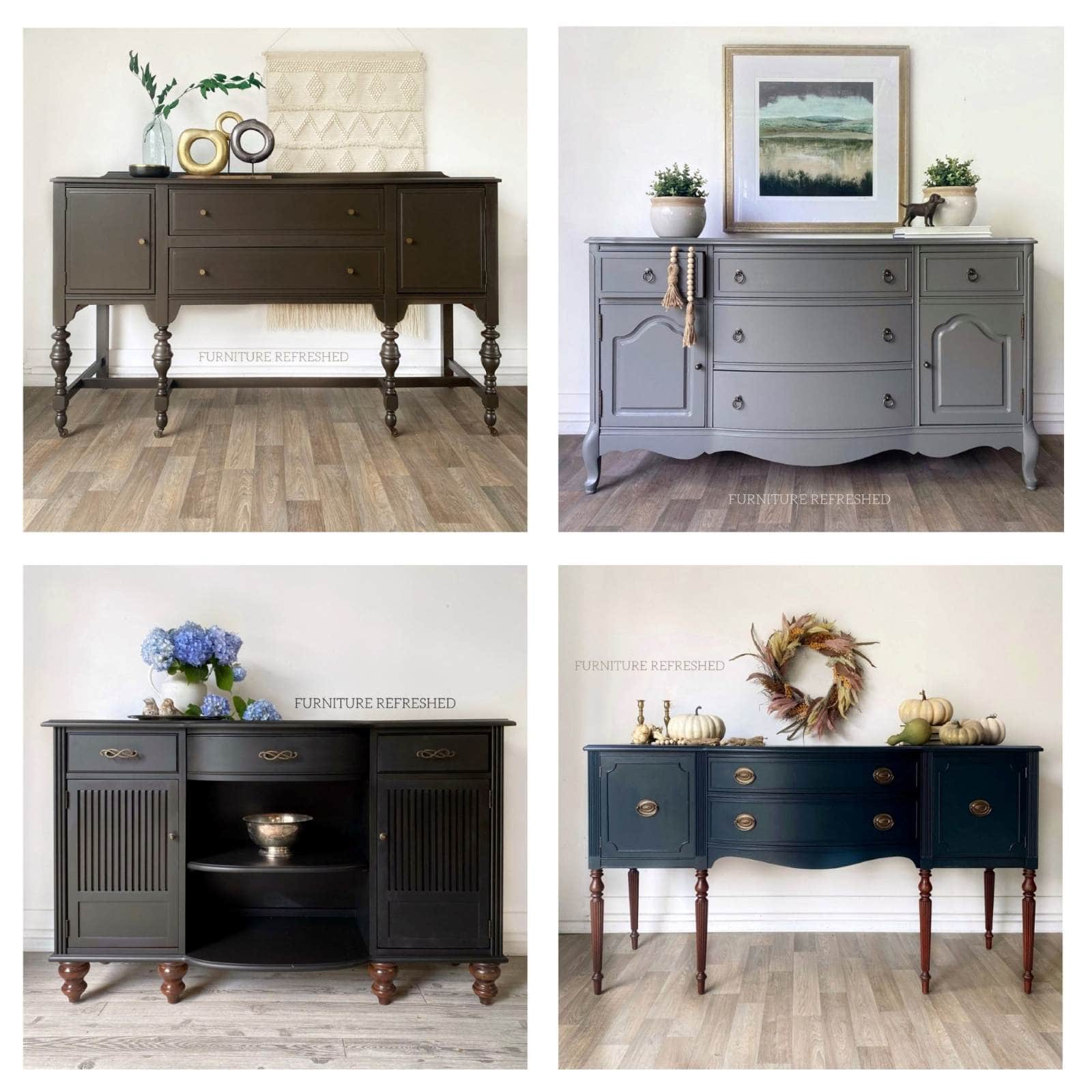 Photo collage of four painted buffets/sideboards. Clockwise from the top left - dark brown buffet, medium gray sideboard, dark teal buffet, black sideboard.
