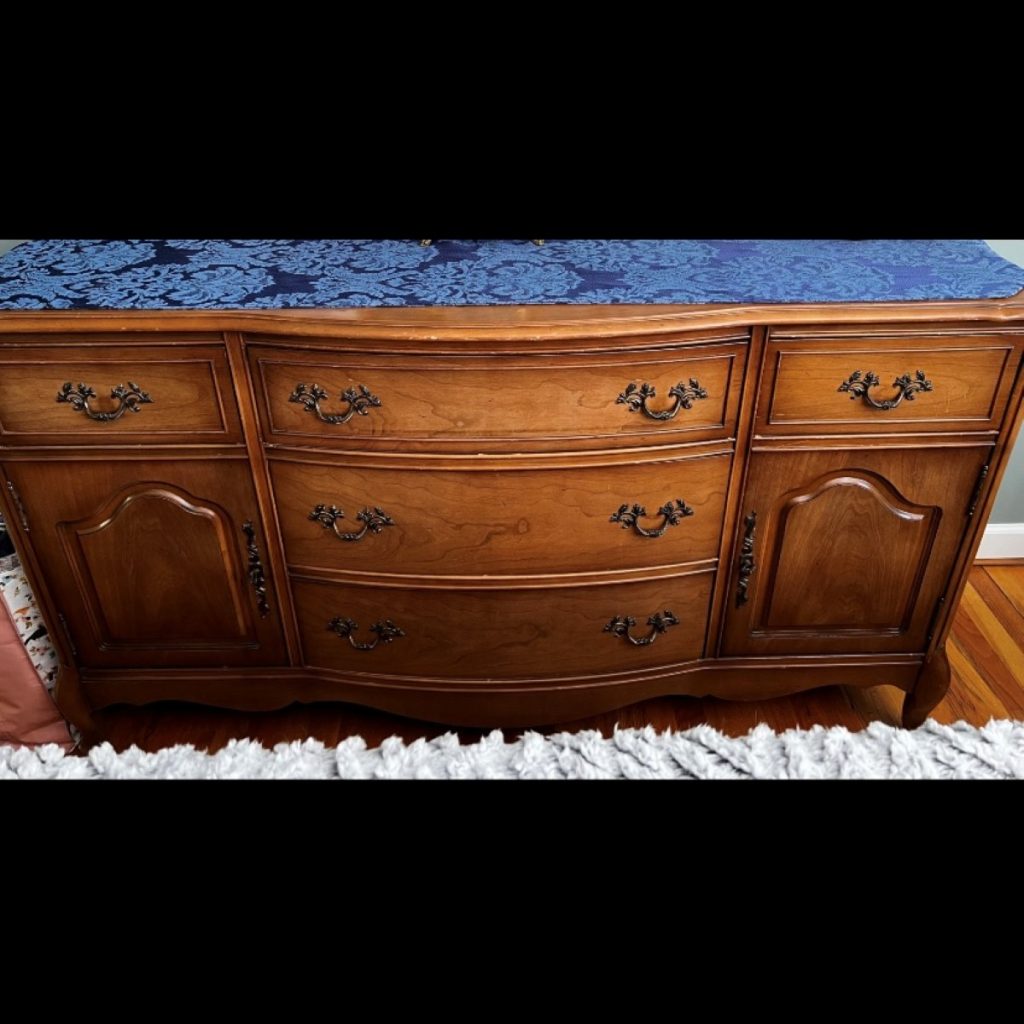 Before photo of wood stained French Provencal buffet.