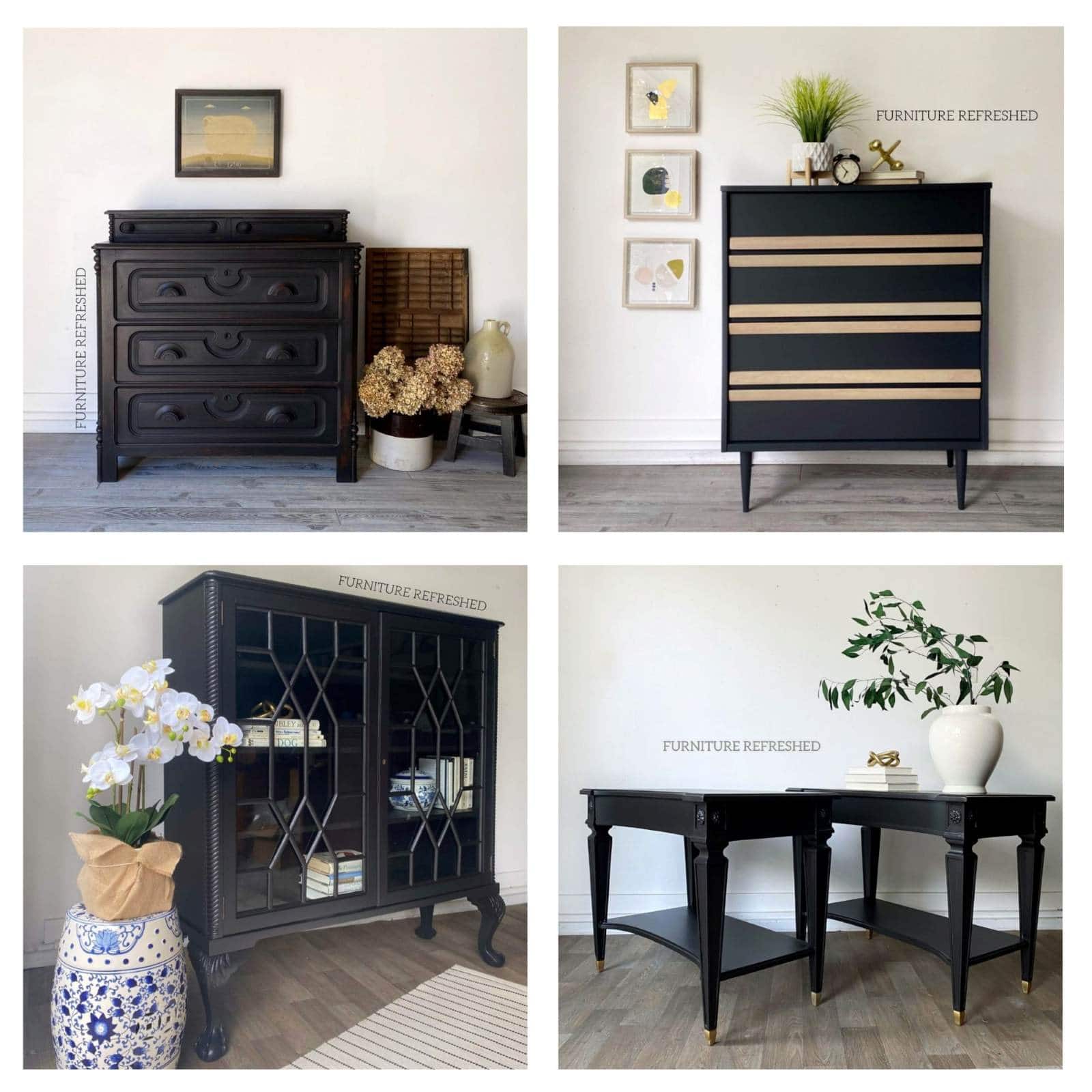 Collage image of four black furniture makeovers - an Eastlake dresser, an MCM dresser, a library cabinet, and two side tables.