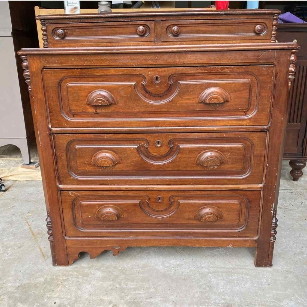 Before photo of Eastlake chest of drawers.