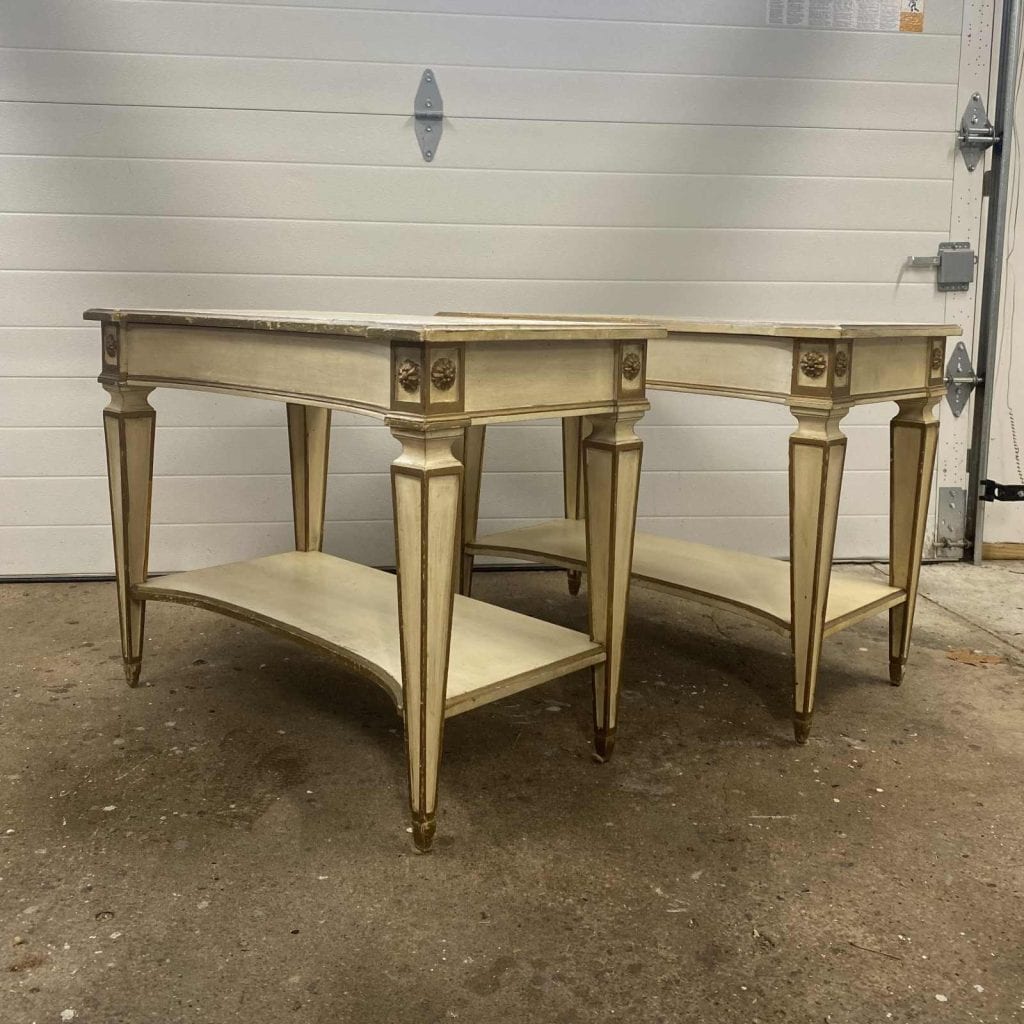 Before photos of French side tables painted white and gold