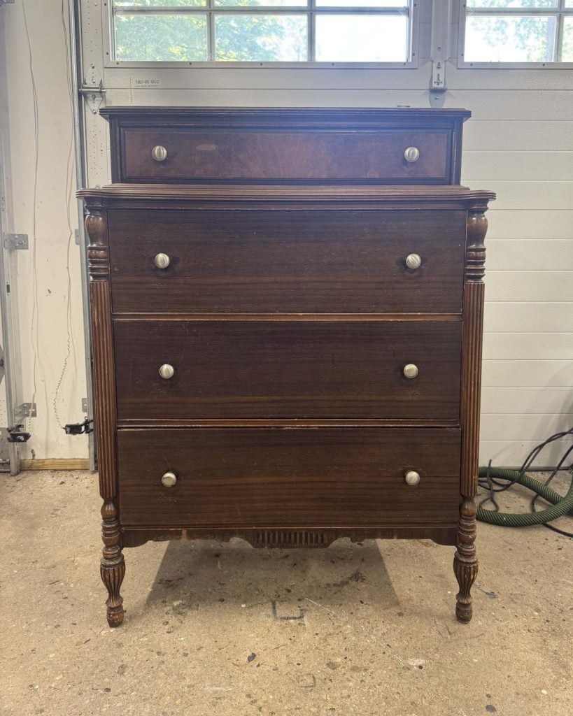 before photo of vintage 4 drawer tallboy dresser used in this makeover.