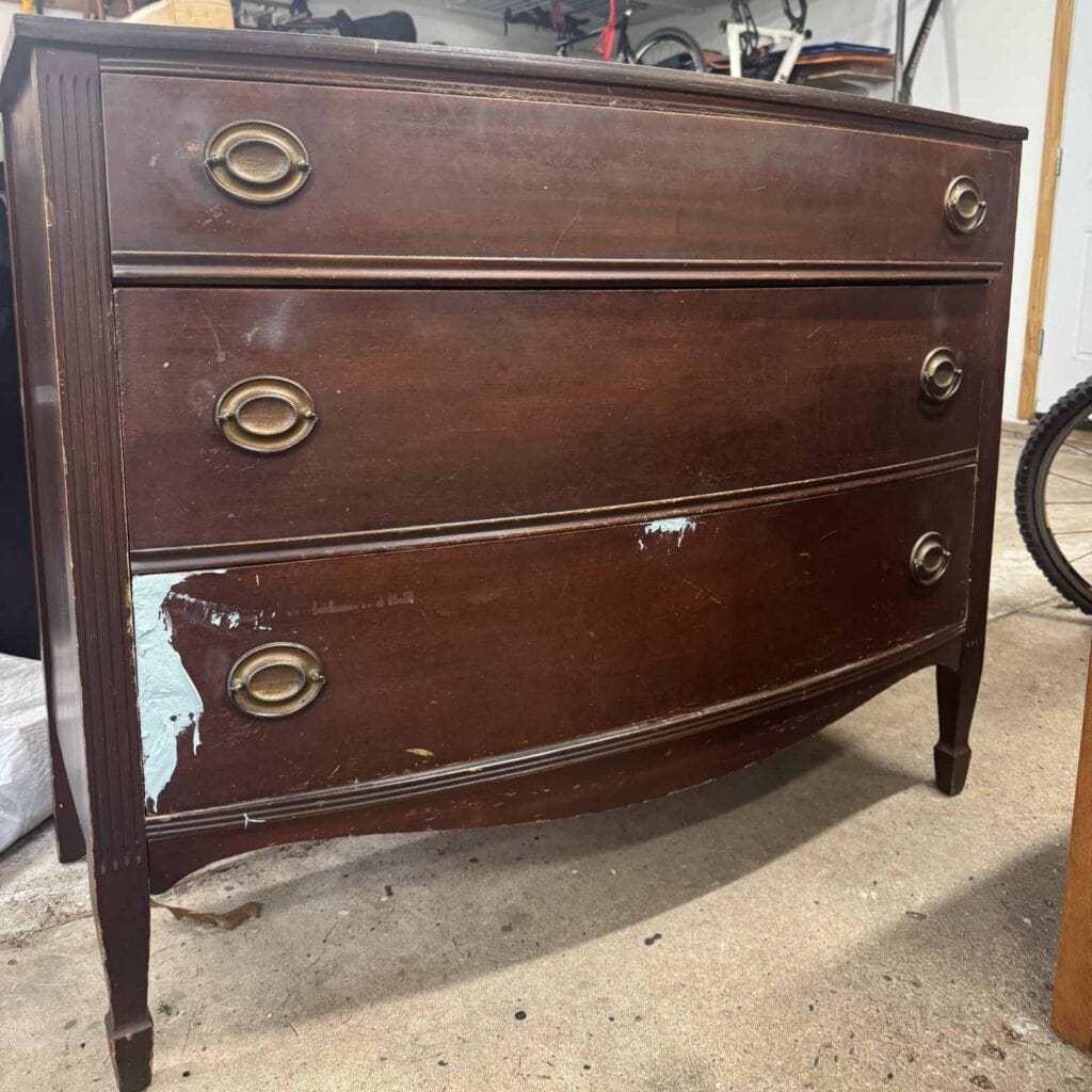 Before photo of Hepplewhite dresser with stained finish.