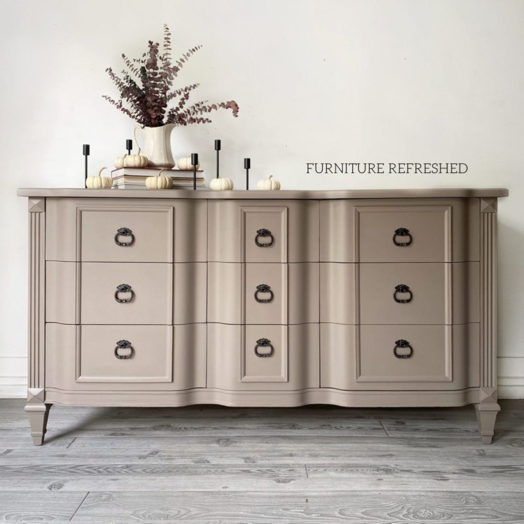 After photo of Kent Coffey dresser painted in a taupe color.