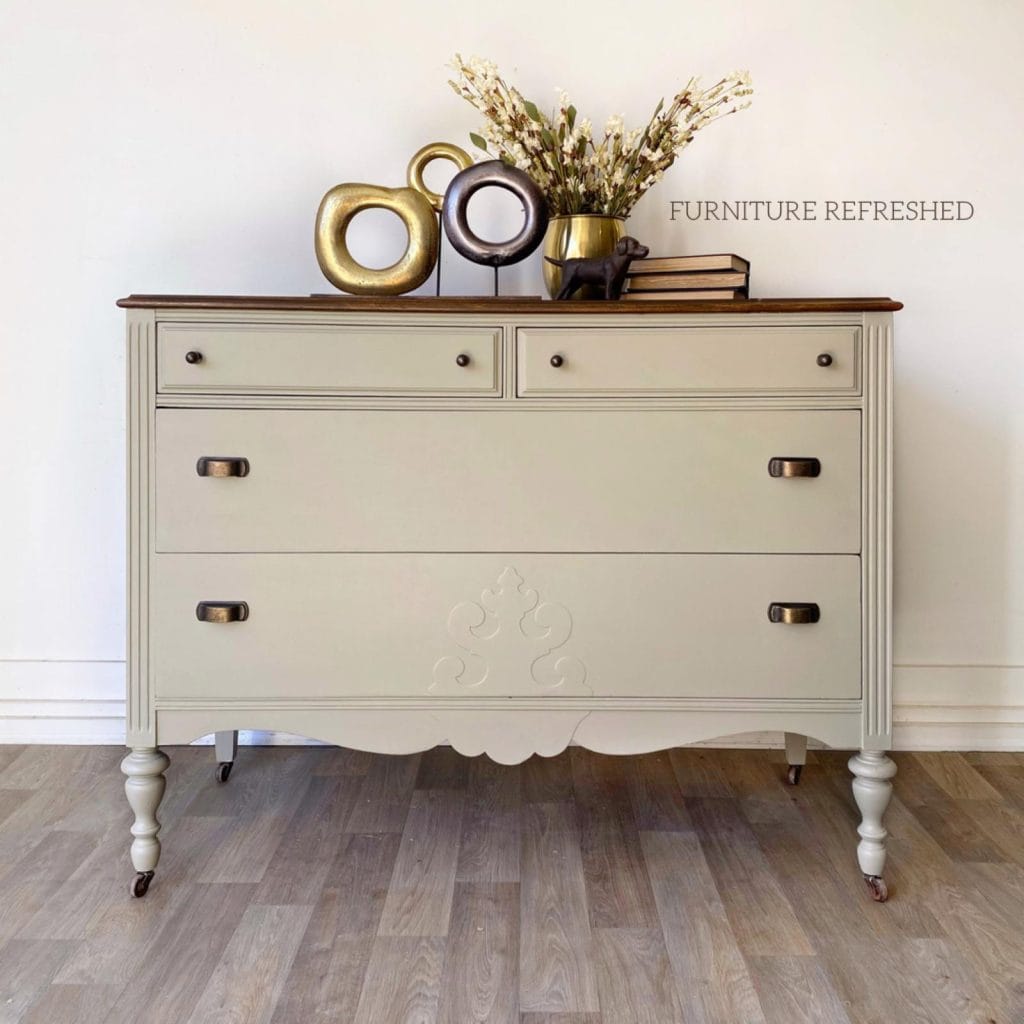 After photo of dresser painted in a light tan neutral