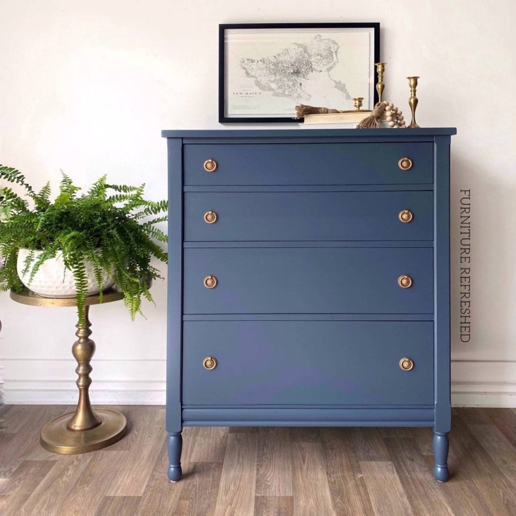 After photo of tallboy 5 drawer dresser, painted blue.