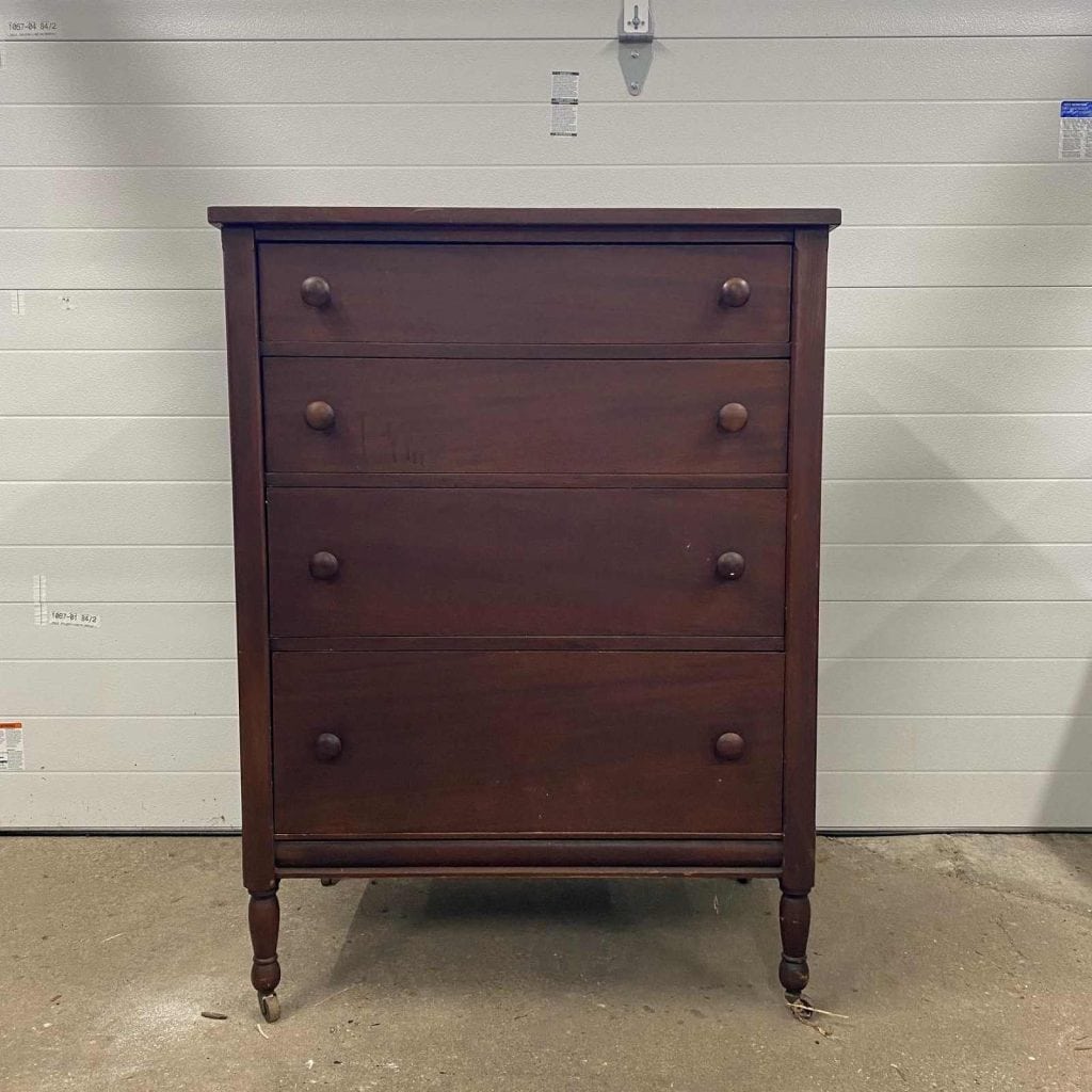 Before photo of 5 drawer tallboy dresser.
