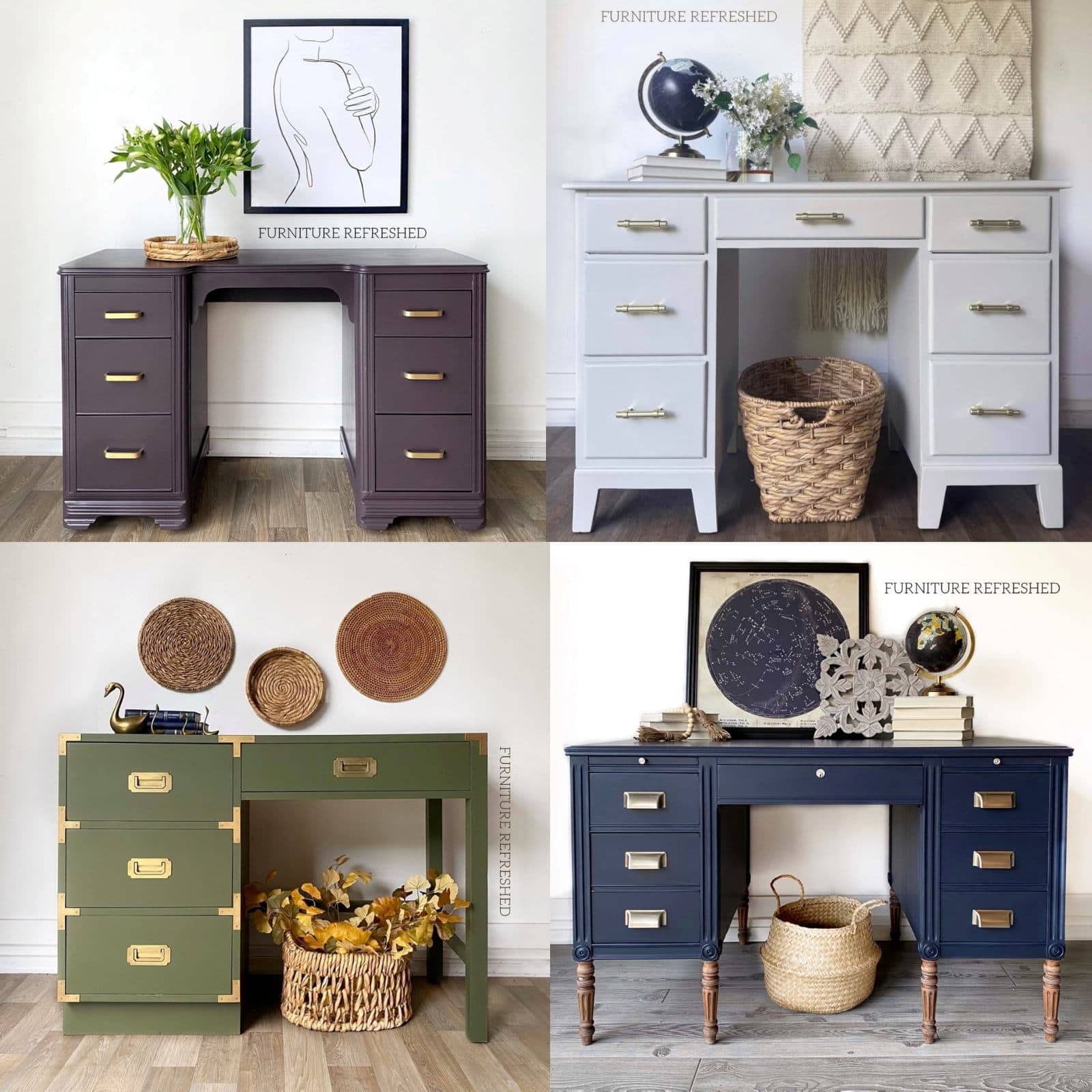 collage image of 4 painted desks. Clockwise from top left - purple, off white, navy, olive green.