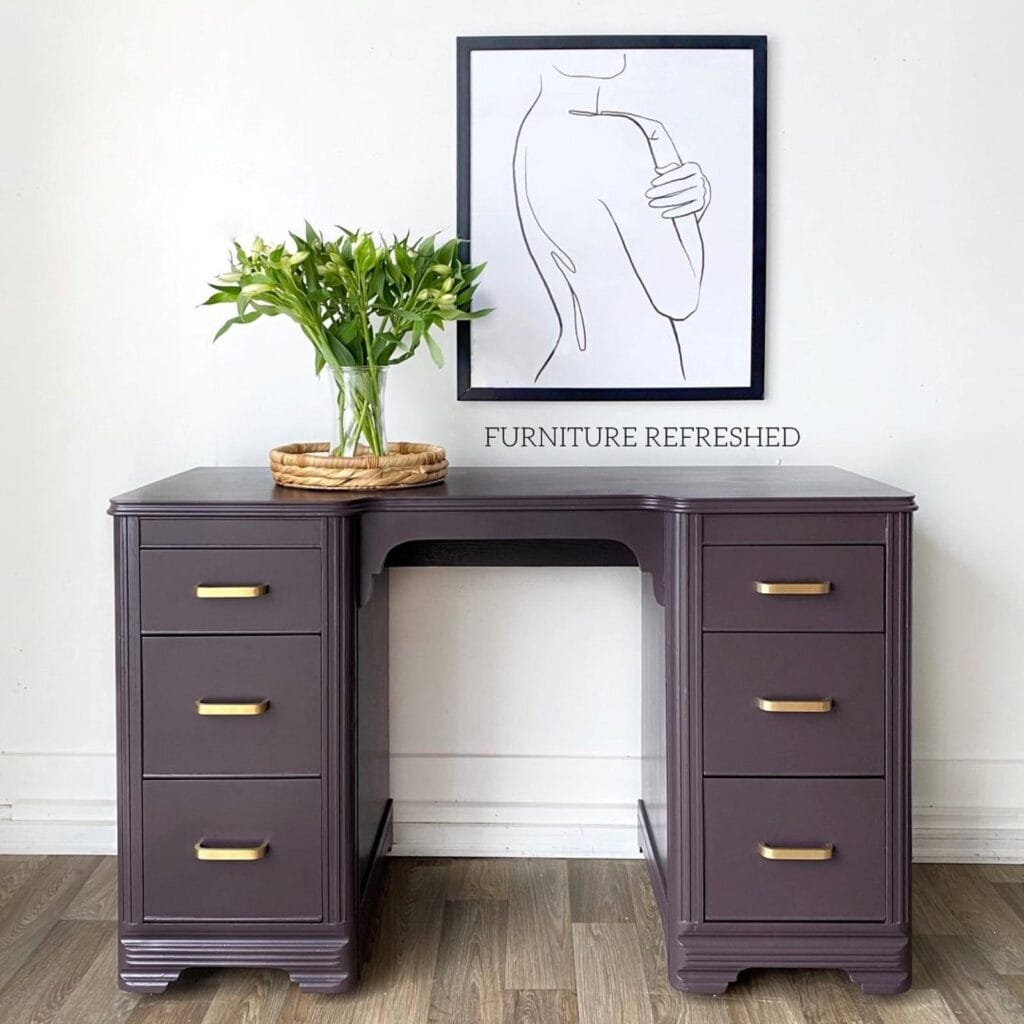 After photo of wood desk painted in an eggplant purple