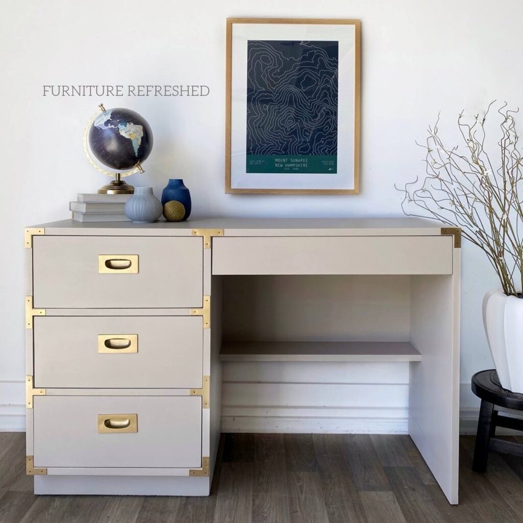 After photo of Campaign style desk painted taupe.