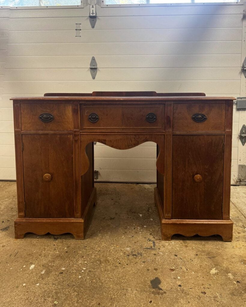 Before photo of vanity to be painted and stenciled.