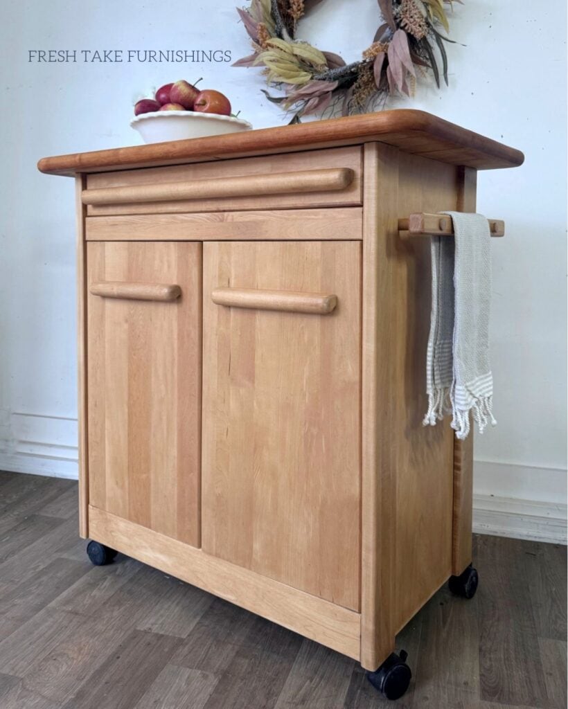 Butcher block cabinet from an side angle view.