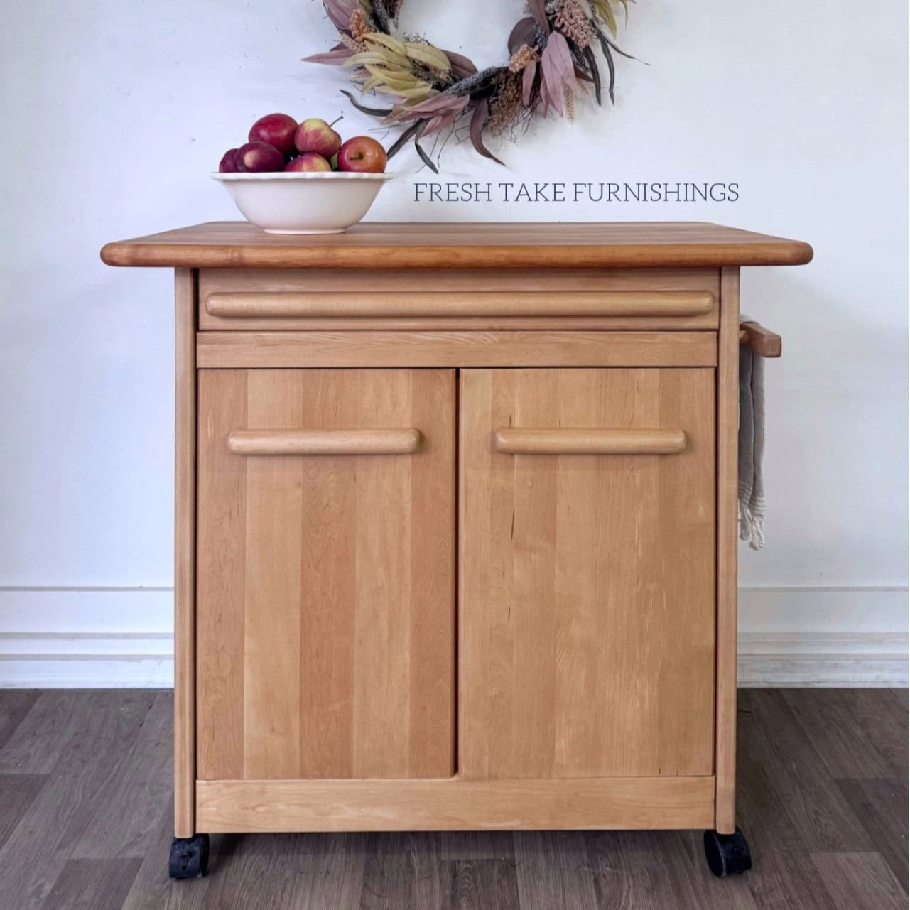 Front view of butcher block cabinet